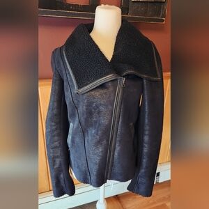 Ann Taylor Shiny Black Moto Jacket Sherpa Size Small